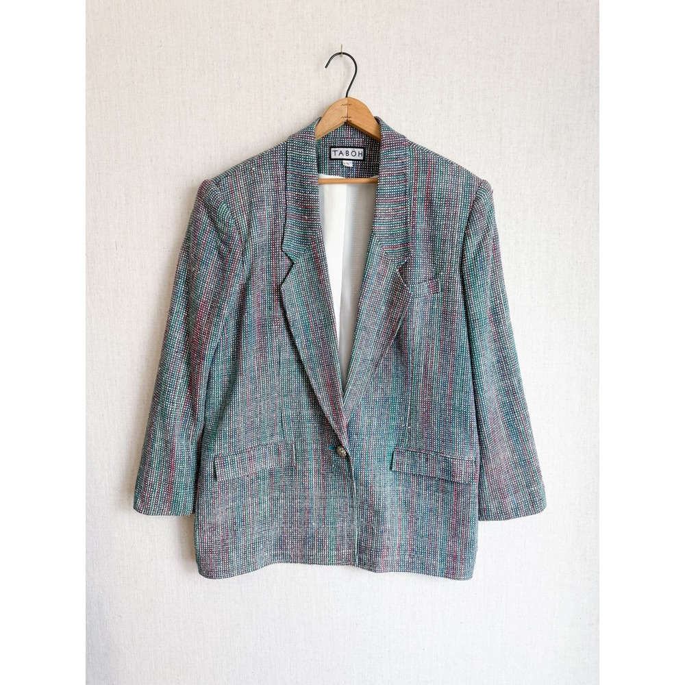 Taboh Womens Vintage Silk Multi Color Woven Textured Blazer Green Pink 80s 90s